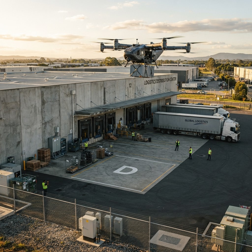 A heavy-lift cargo drone approaching the loading docks of a logistics distribution centre at golden hour