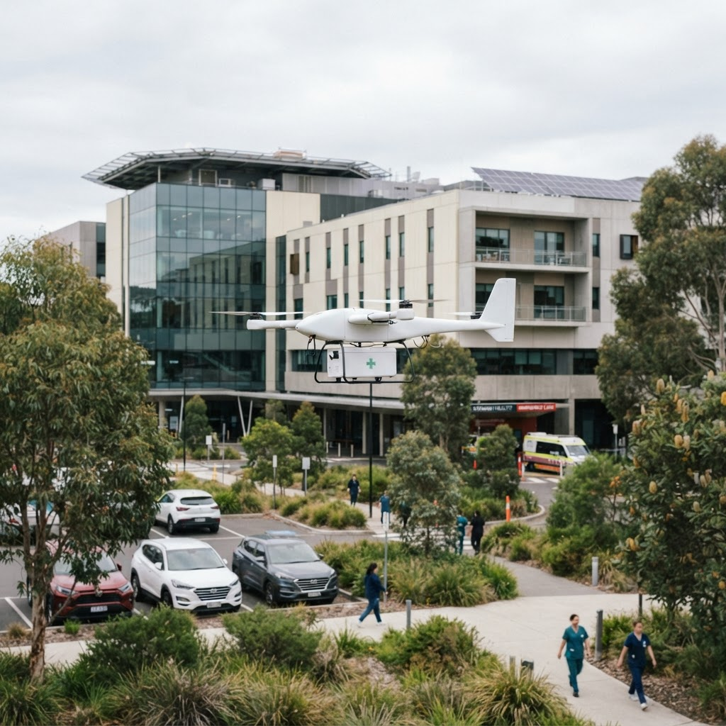 A medical delivery drone carrying a payload box near the entrance of a modern hospital campus