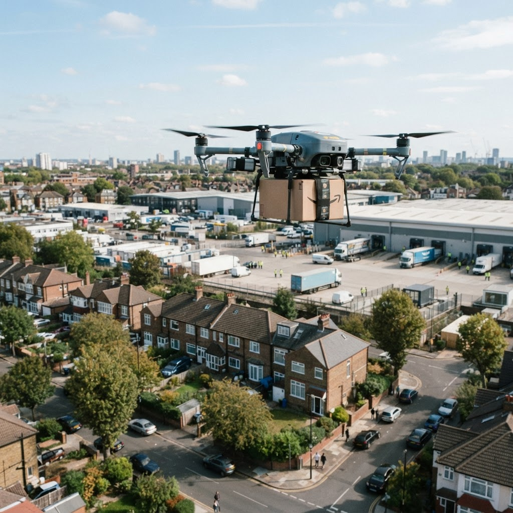 A commercial delivery drone carrying a parcel above suburban rooftops near an urban logistics hub
